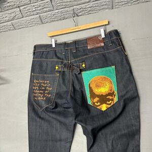 Mens Designer Dark Wash Denim Jeans Graphic Print Back Pockets Size 38